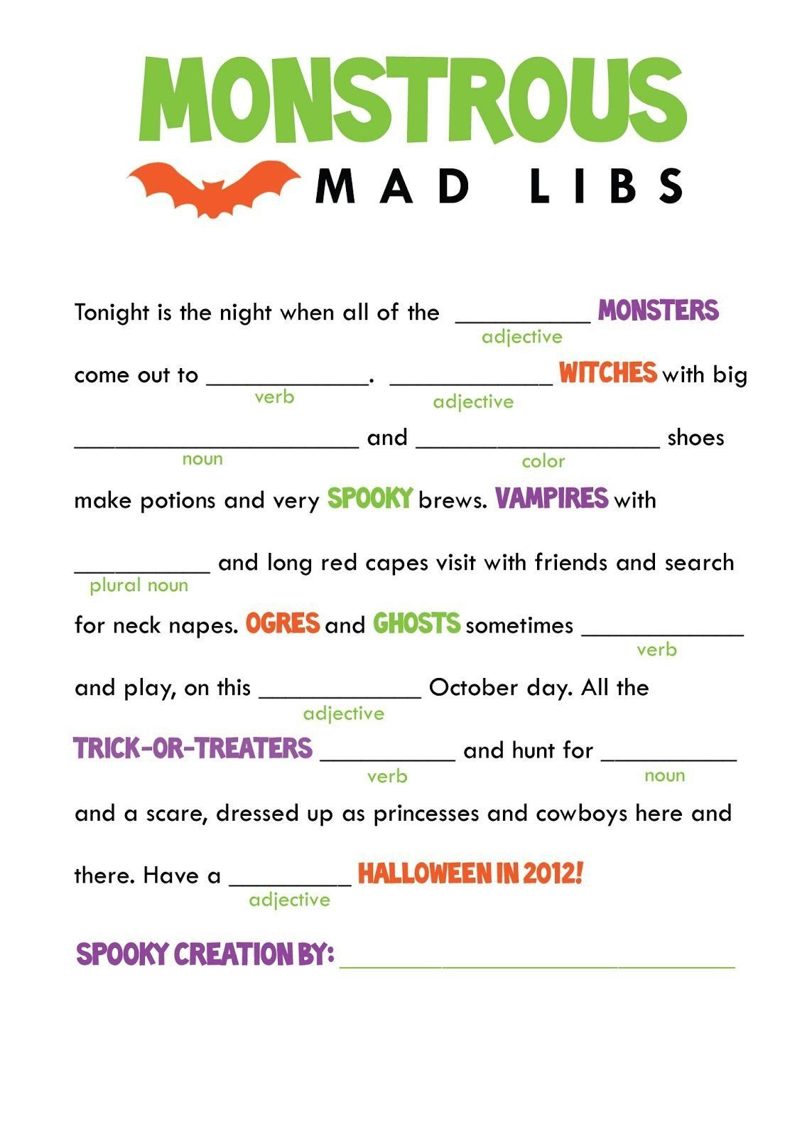 5th Grade Halloween Worksheets Kids Mad Libs Printable Free Google