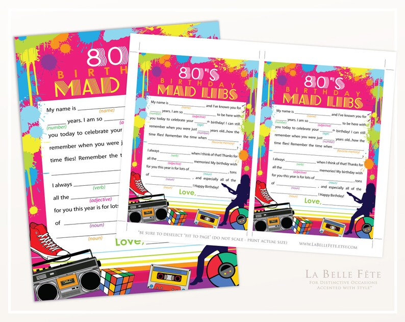 80 s BIRTHDAY PARTY Mad Libs Game Printable DIY Party Etsy