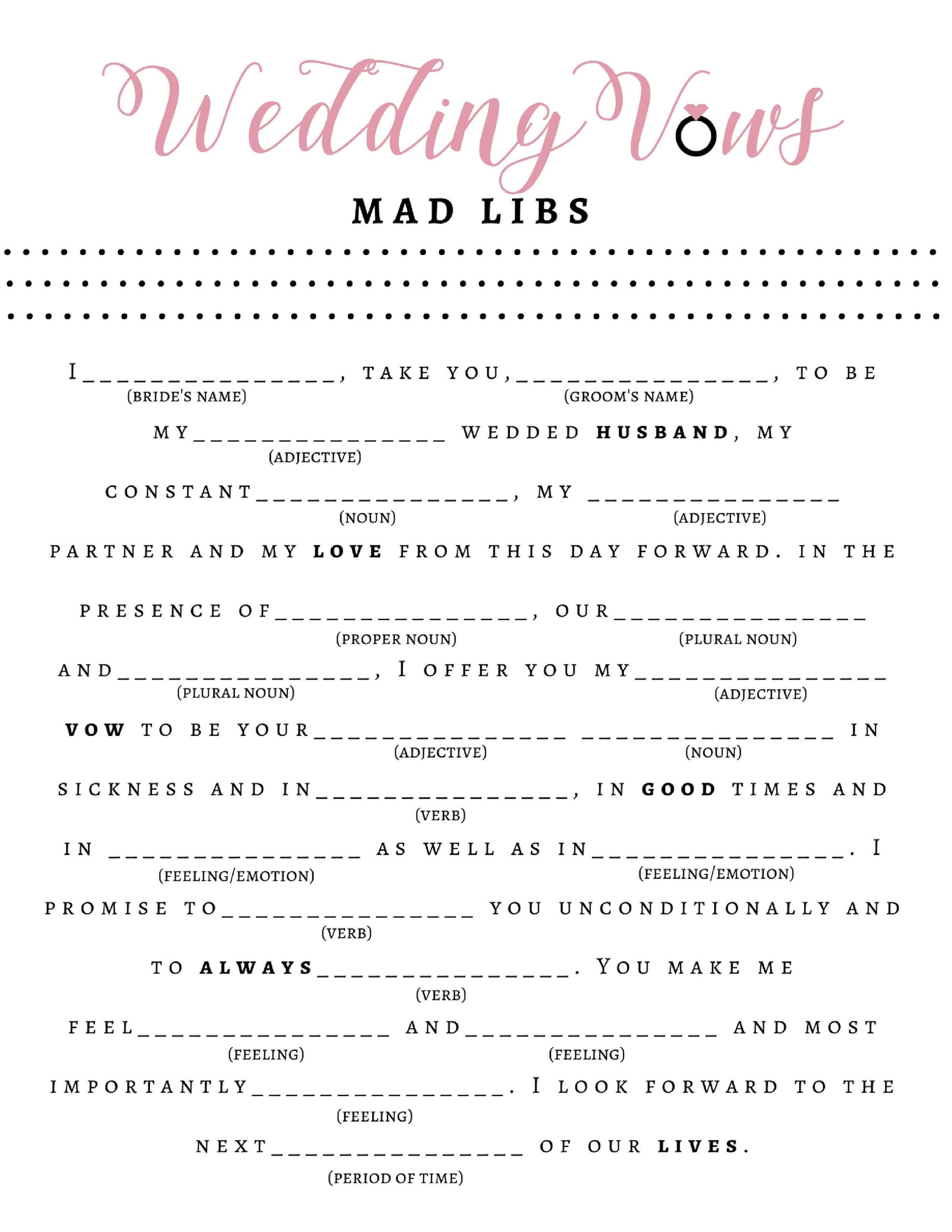 Bridal Shower Game Wedding Vow Mad Libs Bride Groom Etsy