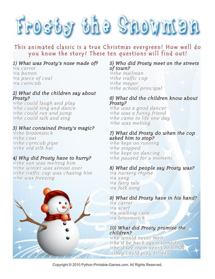 Christmas Frosty The Snowman Trivia With Images Printable 