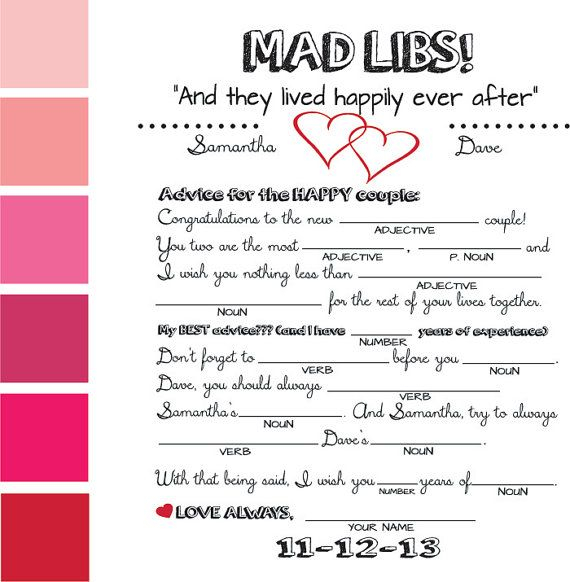 Custom Wedding Mad Libs DIY Printable Cards With Hearts Style