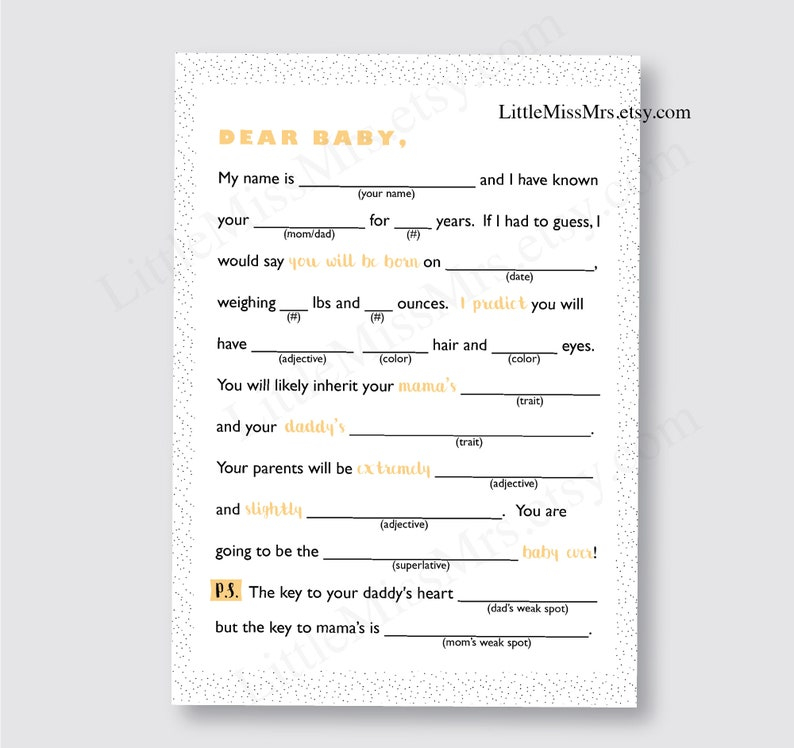Dear Baby Printable Baby Shower Mad lib Game A Letter To Etsy