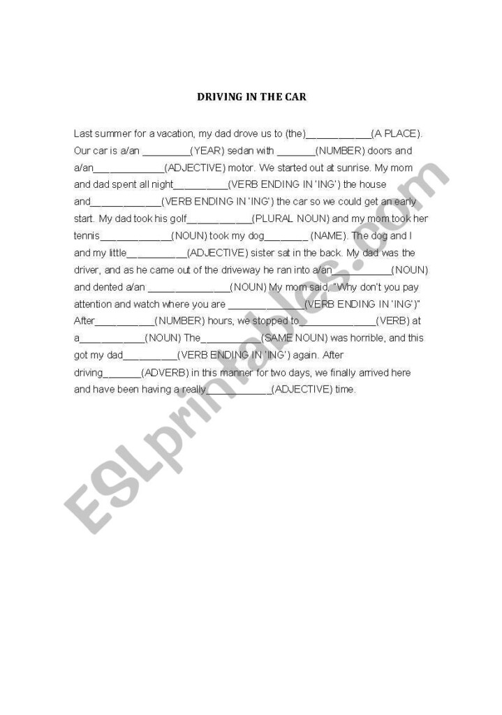 English Worksheets Parts Of Speech Mad Libs Activity Riding In A Car