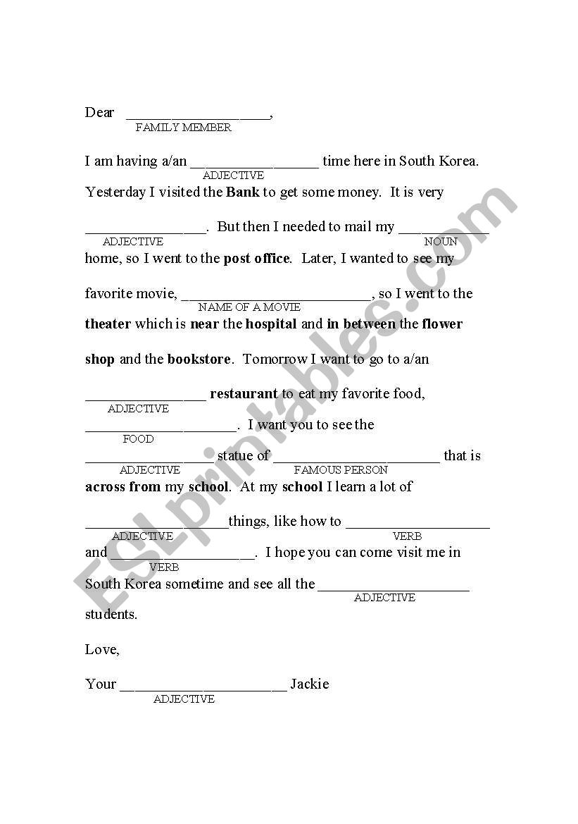 English Worksheets Prepositions Places Mad Libs