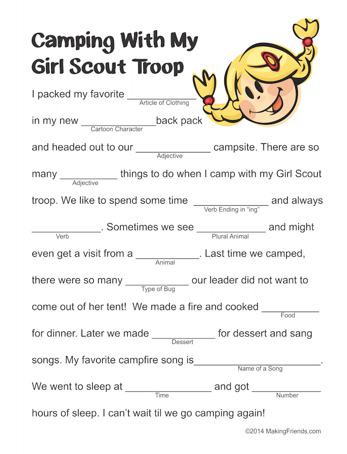 Girl Scout Camping Mad Lib Girl Scout Activities Girl Scouts Girl 