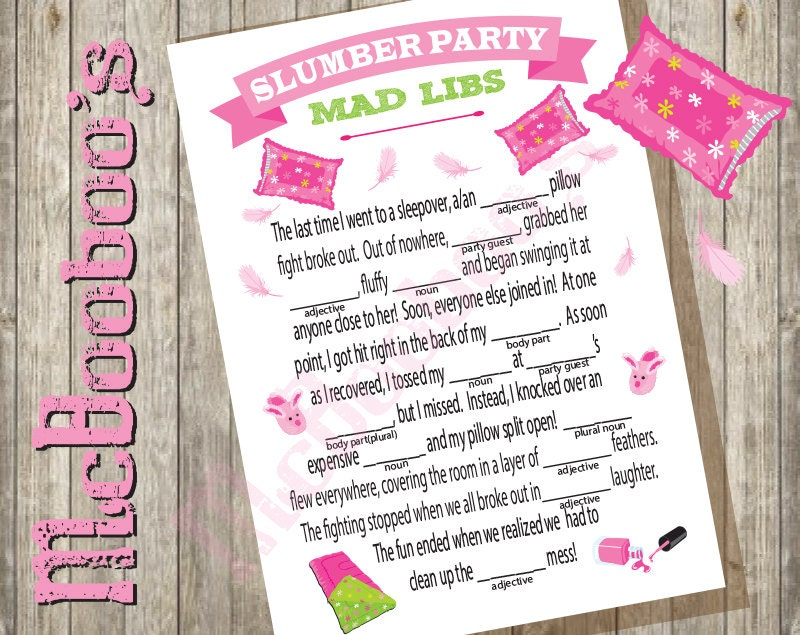 INSTANT DOWNLOAD Sleepover Slumber Birthday Party Game Mad