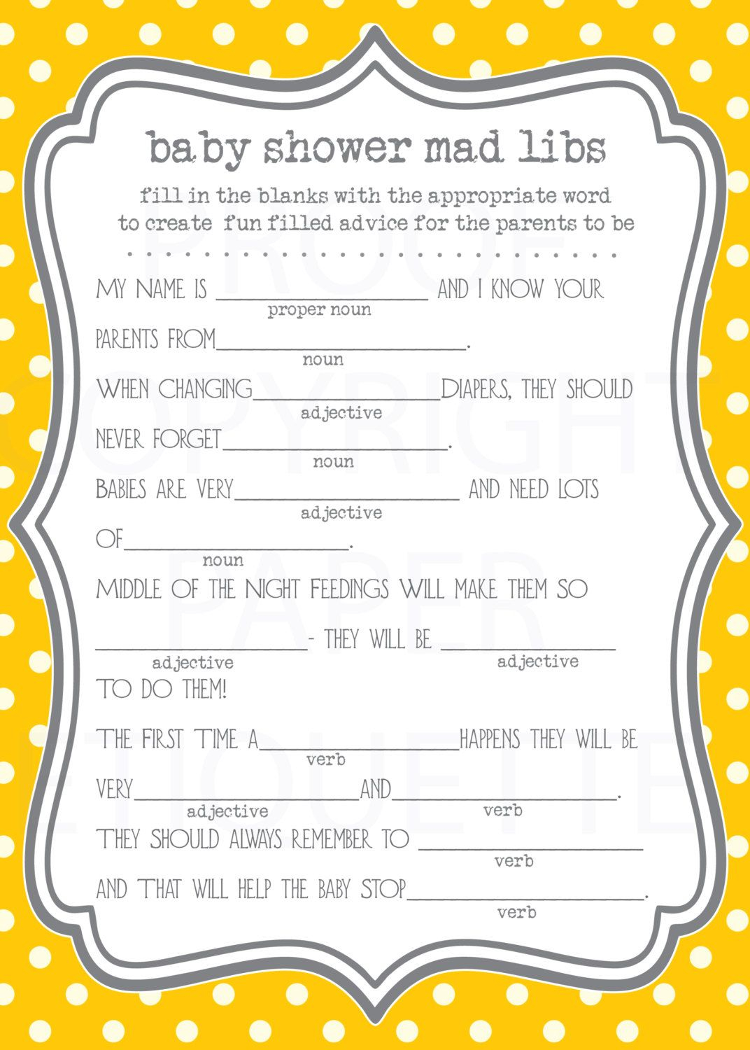 INSTANT UPLOAD Baby Shower Game Mad Libs Yellow Gray Polka Etsy 