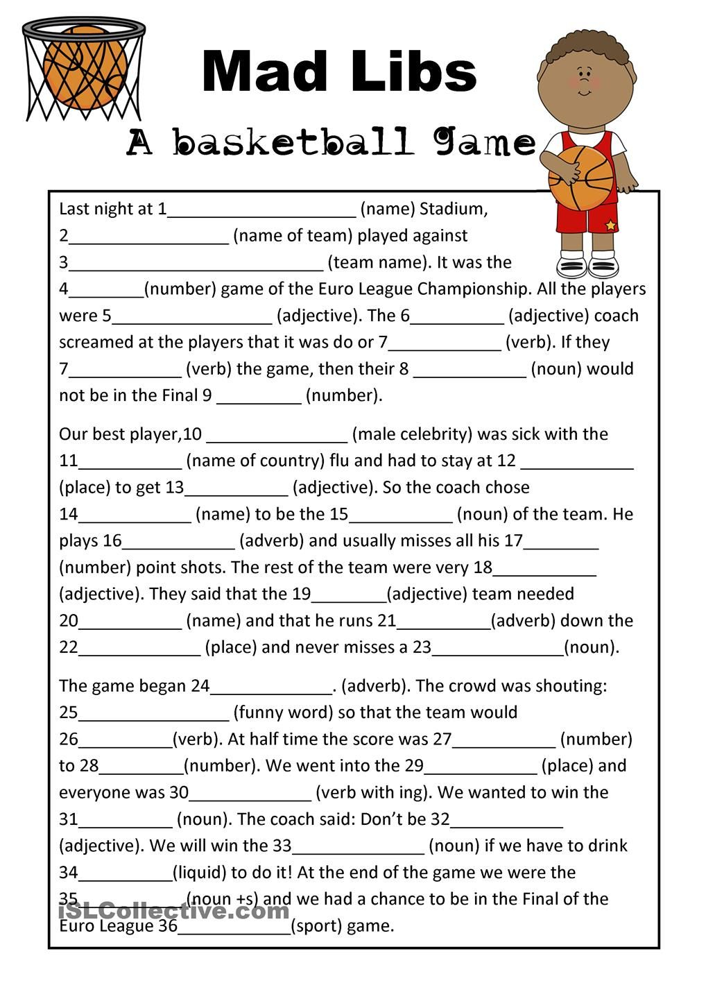Mad Libs Basketball Game Parts Of Speech Worksheets Kids Mad Libs