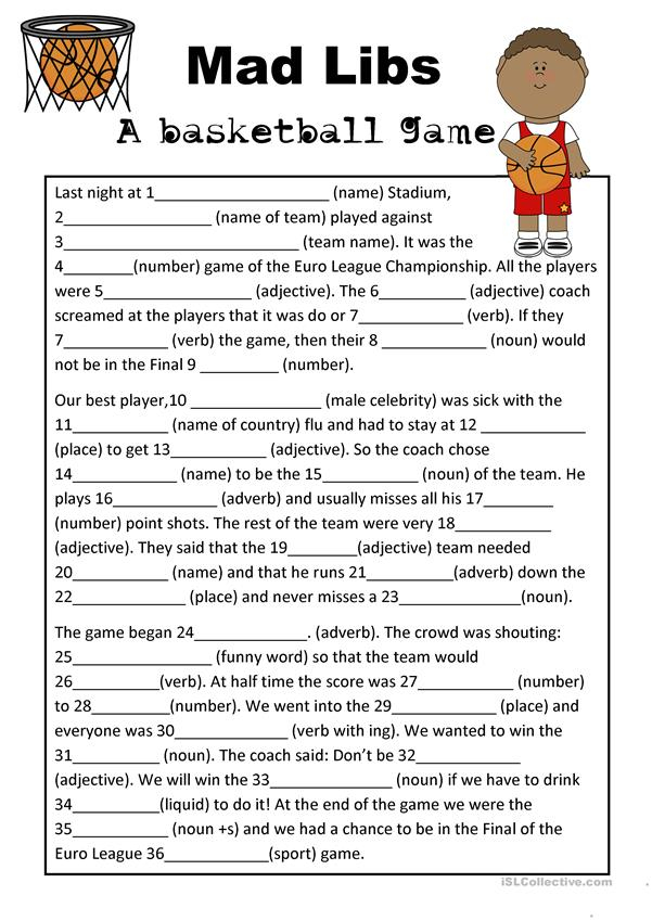 Mad Libs Parts Of Speech Basketball Game Worksheet Free ESL Printable