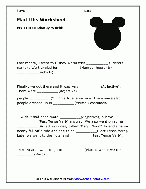 Mad Libs Worksheet My Trip To Disney World Mad Libs Printable Mad 