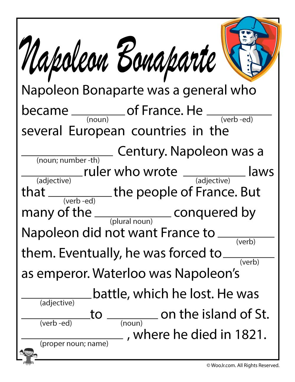 Napoleon bonaparte Woo Jr Kids Activities Mad Lib For Kids 