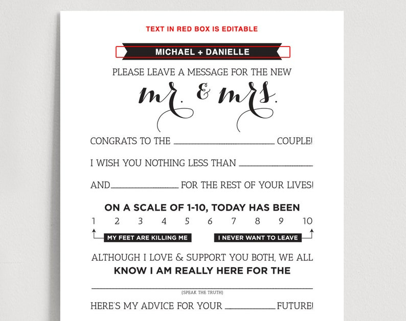 Wedding Mad Libs Printable Template Kraft Sign Mr And Mrs Etsy