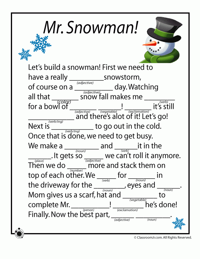 Winter Mad Libs Winter Fun Snowman Party Winter Activities